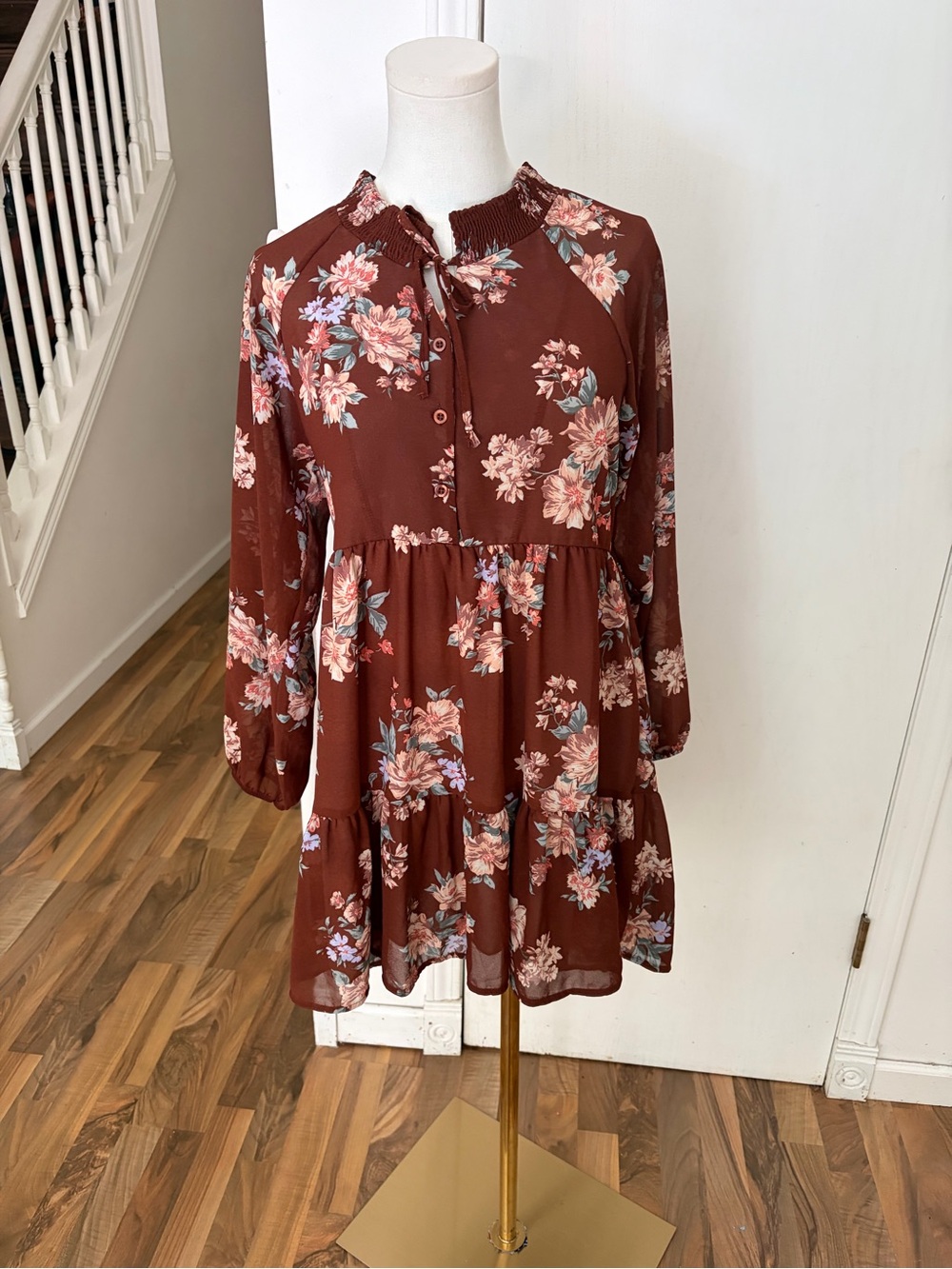 American Eagle Outfitters Rust Floral Tiered Babydoll Dress